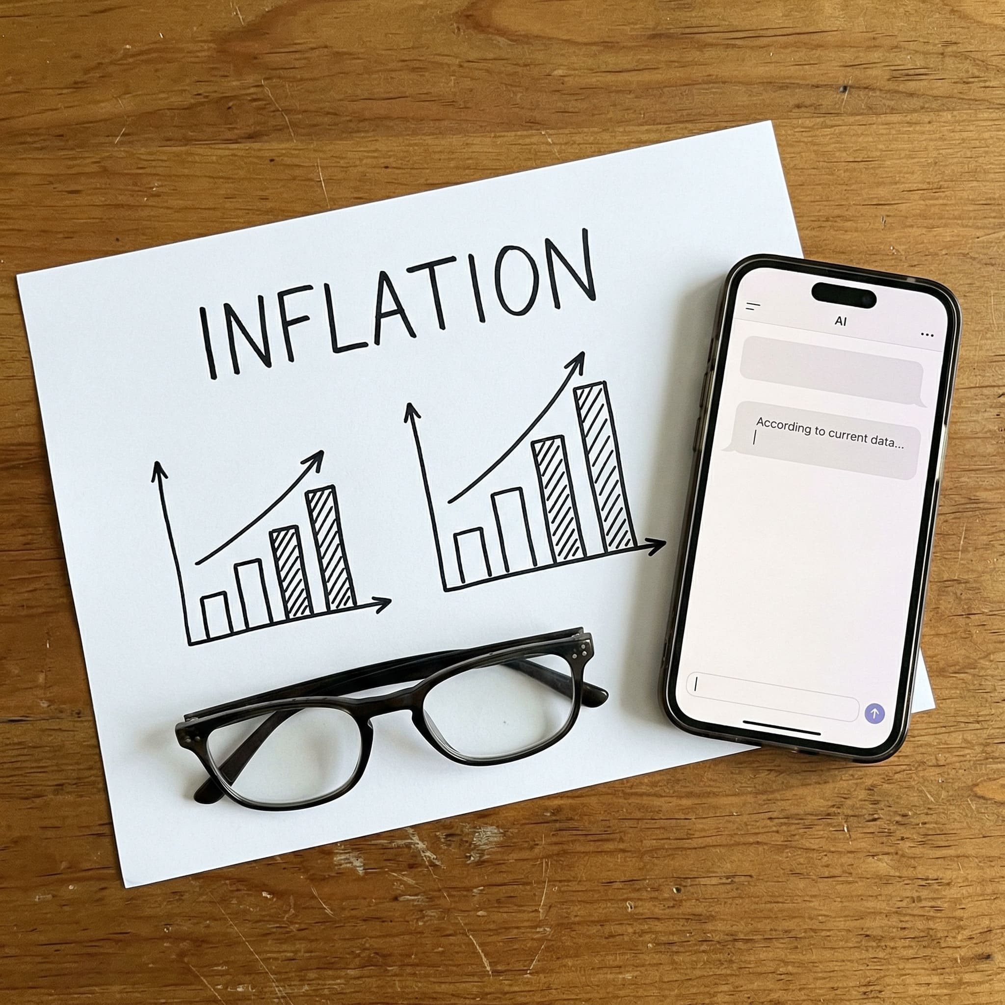 Notizen über Inflation und Zinsen neben einem Smartphone mit einer KI-Chat-Oberfläche auf einem sauberen Schreibtisch