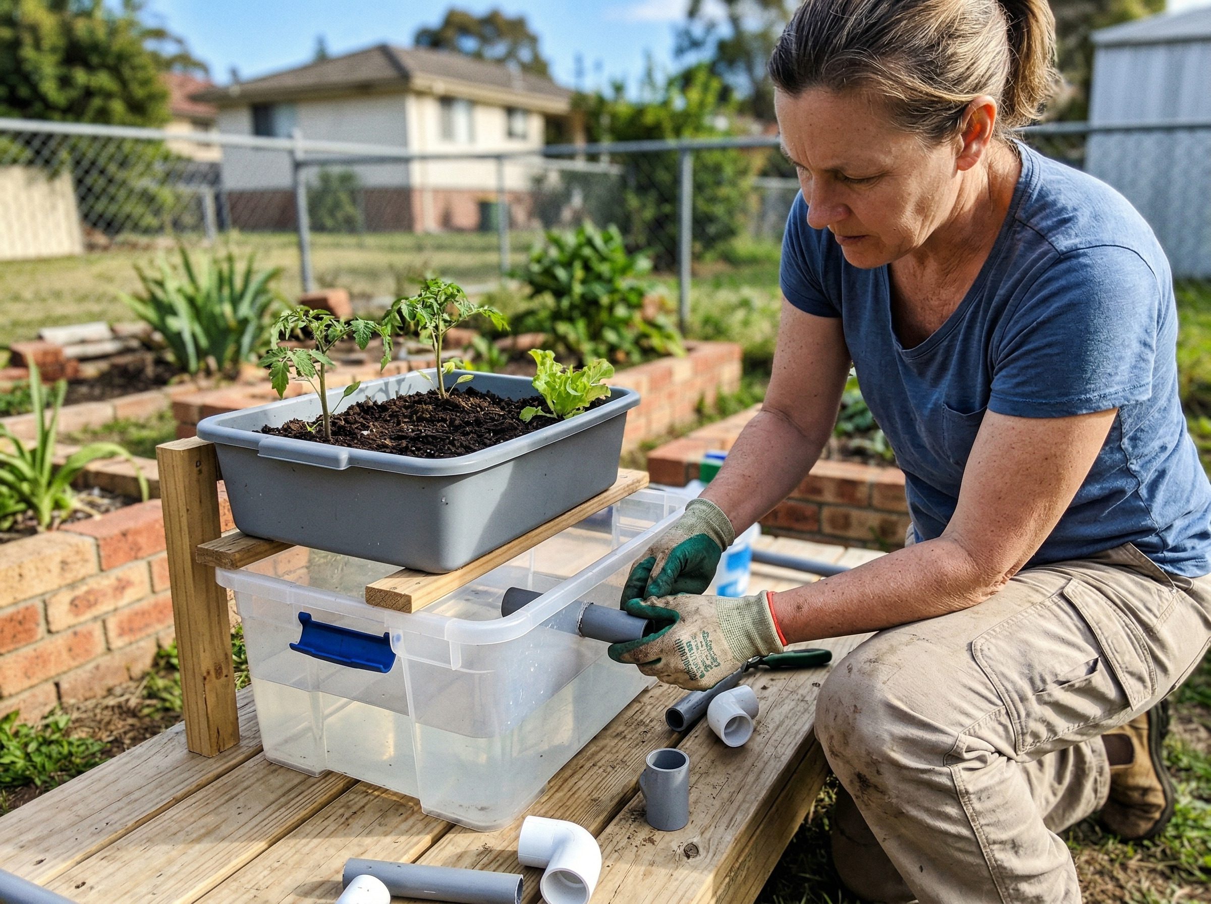 A person building an off-grid aquaponics system as described in The Self-Sufficient Backyard guide