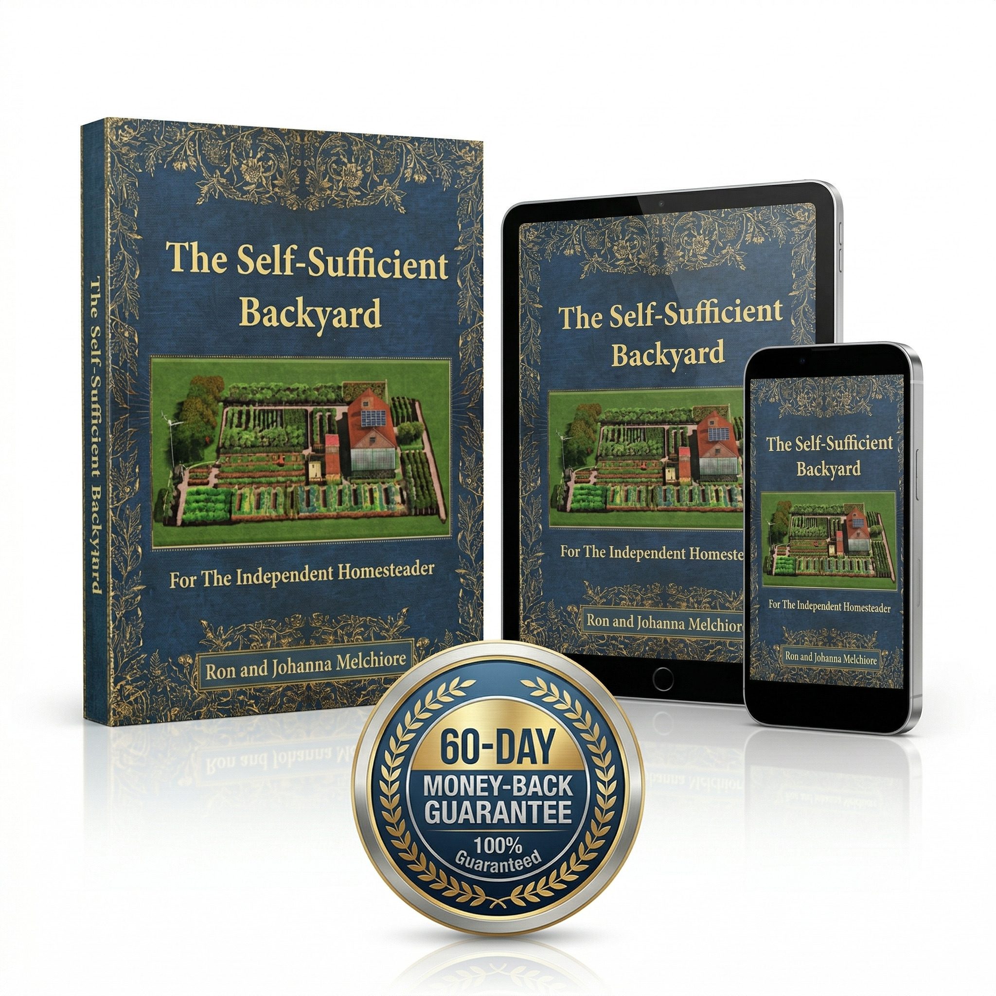 The complete Self-Sufficient Backyard package with physical book, digital access, and money-back guarantee