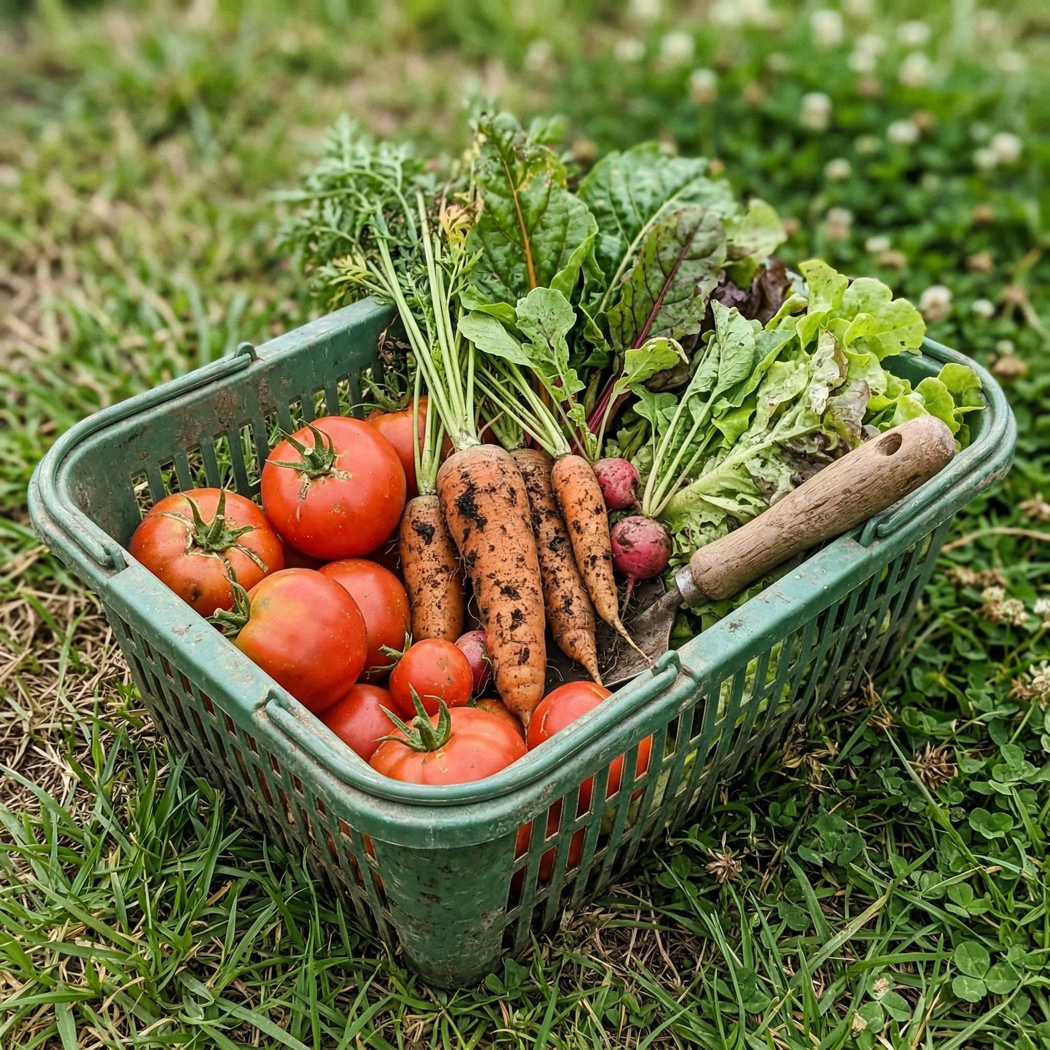 Fresh vegetables harvested from a tiny off-grid backyard garden