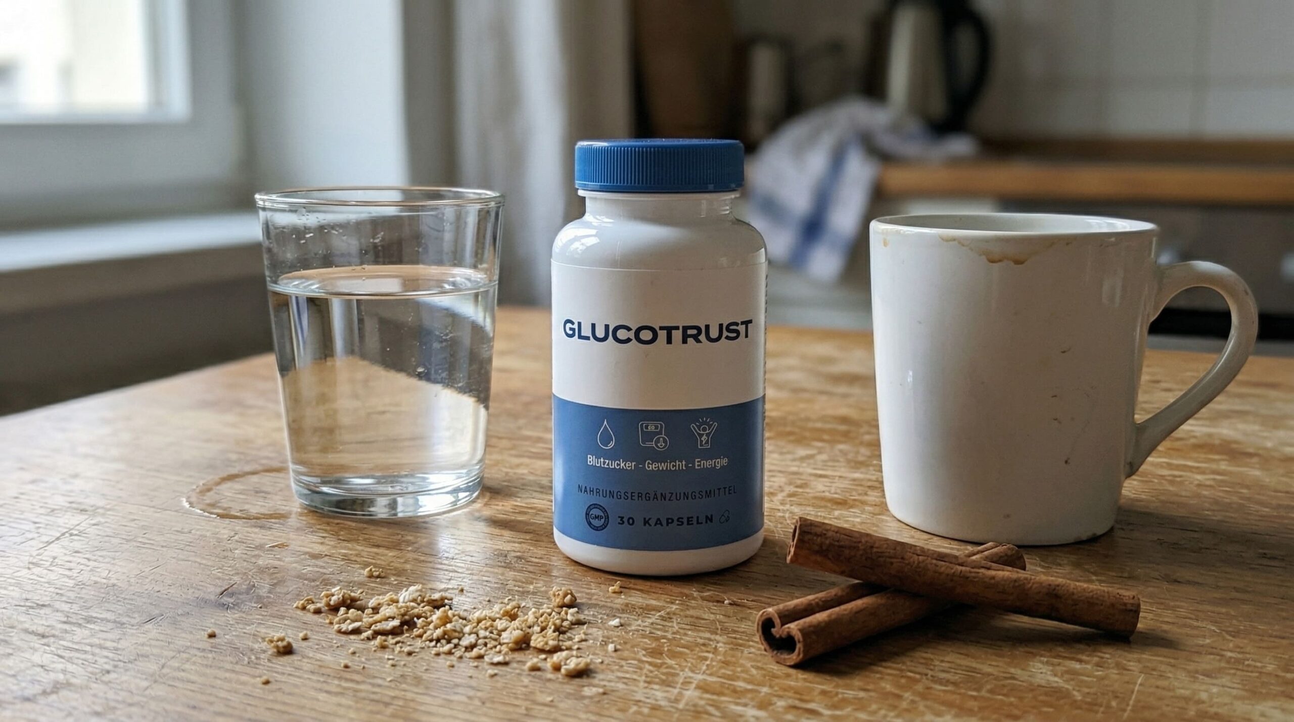 Eine Flasche GlucoTrust auf einem Küchentisch neben einem Glas Wasser und Zimtstangen