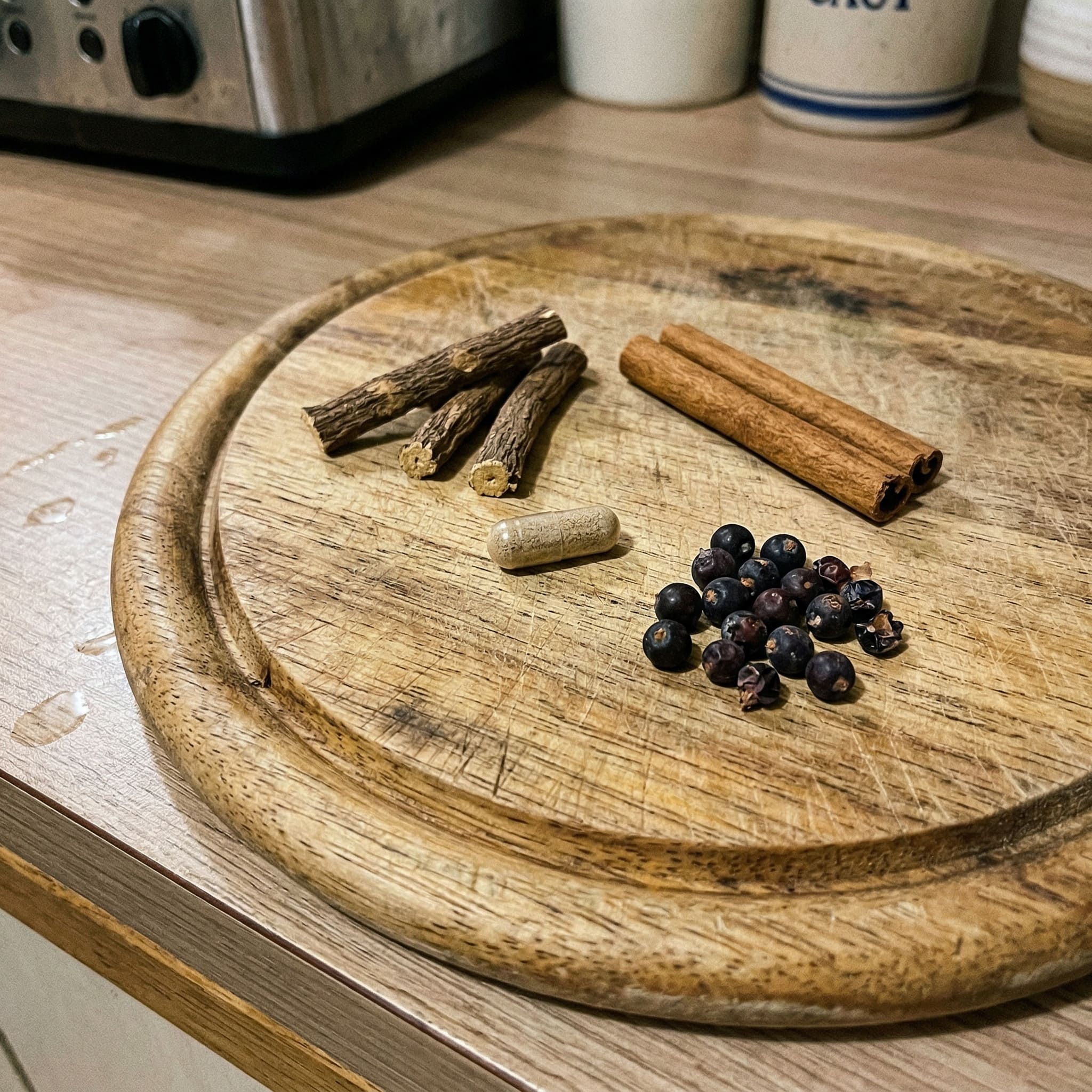 Natürliche Inhaltsstoffe wie Zimt, Süßholzwurzel und Wacholderbeeren auf einem Holzbrett.