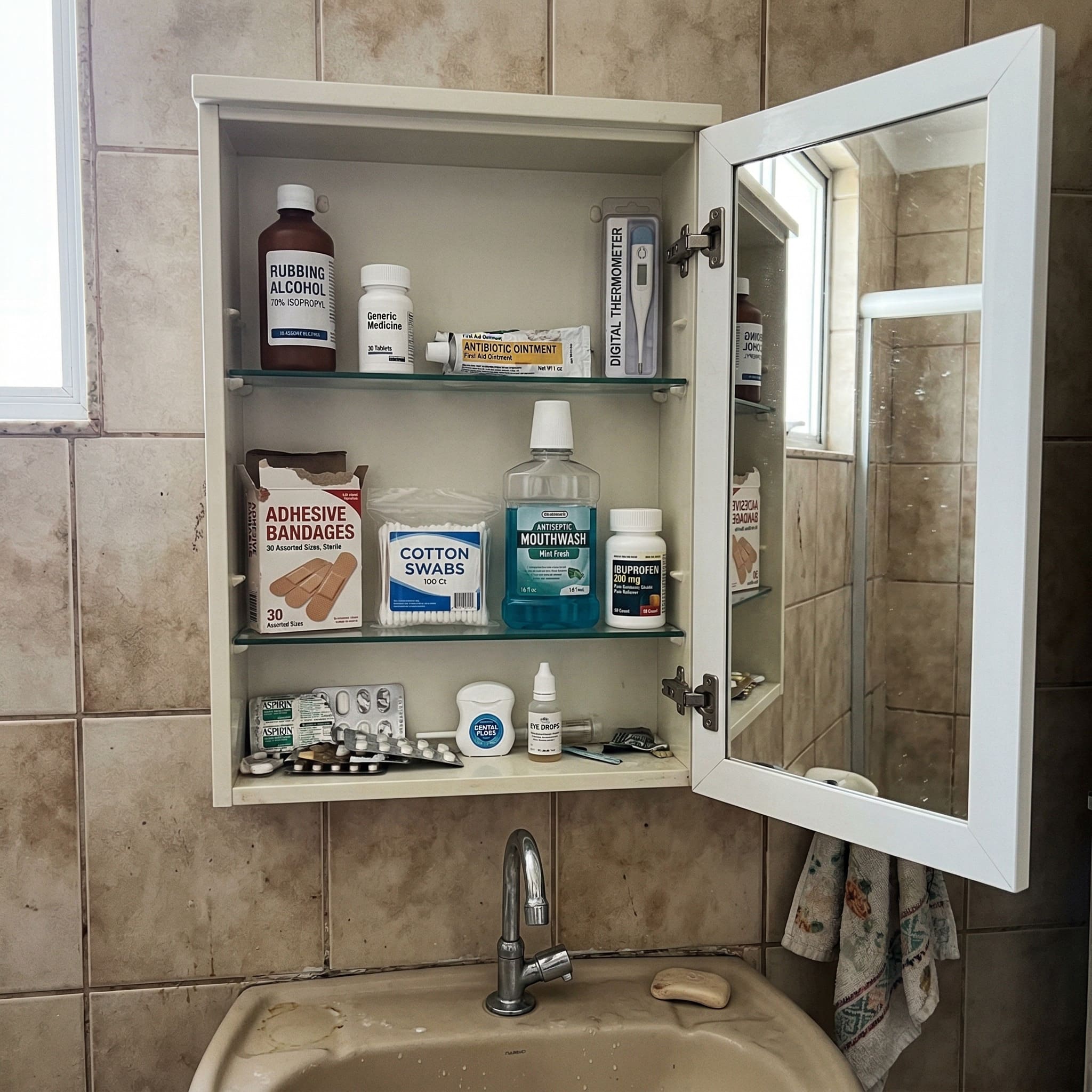 A realistic, slightly messy home medicine cabinet with basic supplies