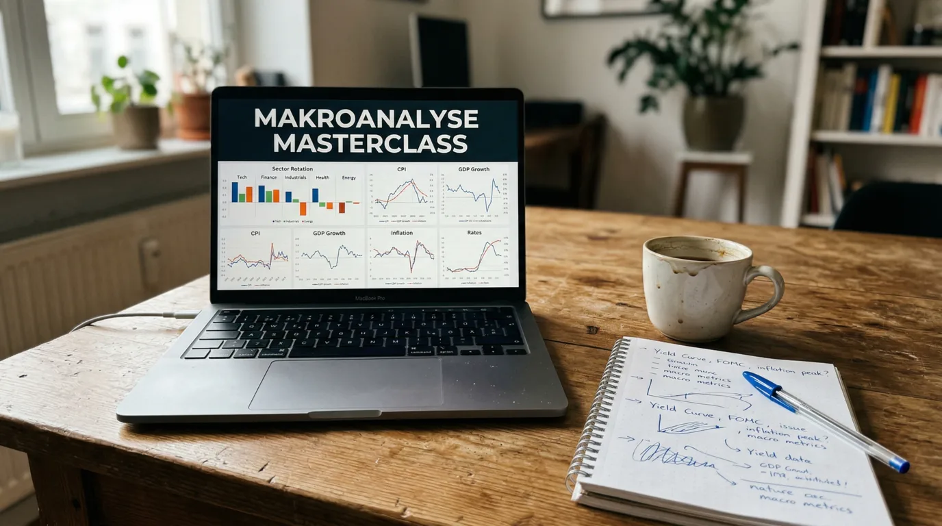 Masterclass Makroanalyse – Laptop mit Wirtschaftsdaten und KI-Analyse auf dem Schreibtisch