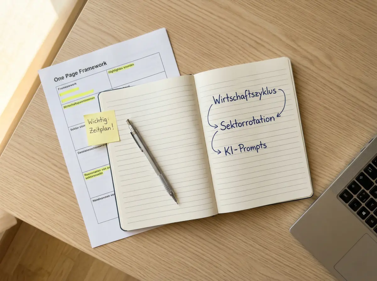 Kursmodule der Masterclass Makroanalyse – Notizen, Charts und KI-Tools auf dem Tisch