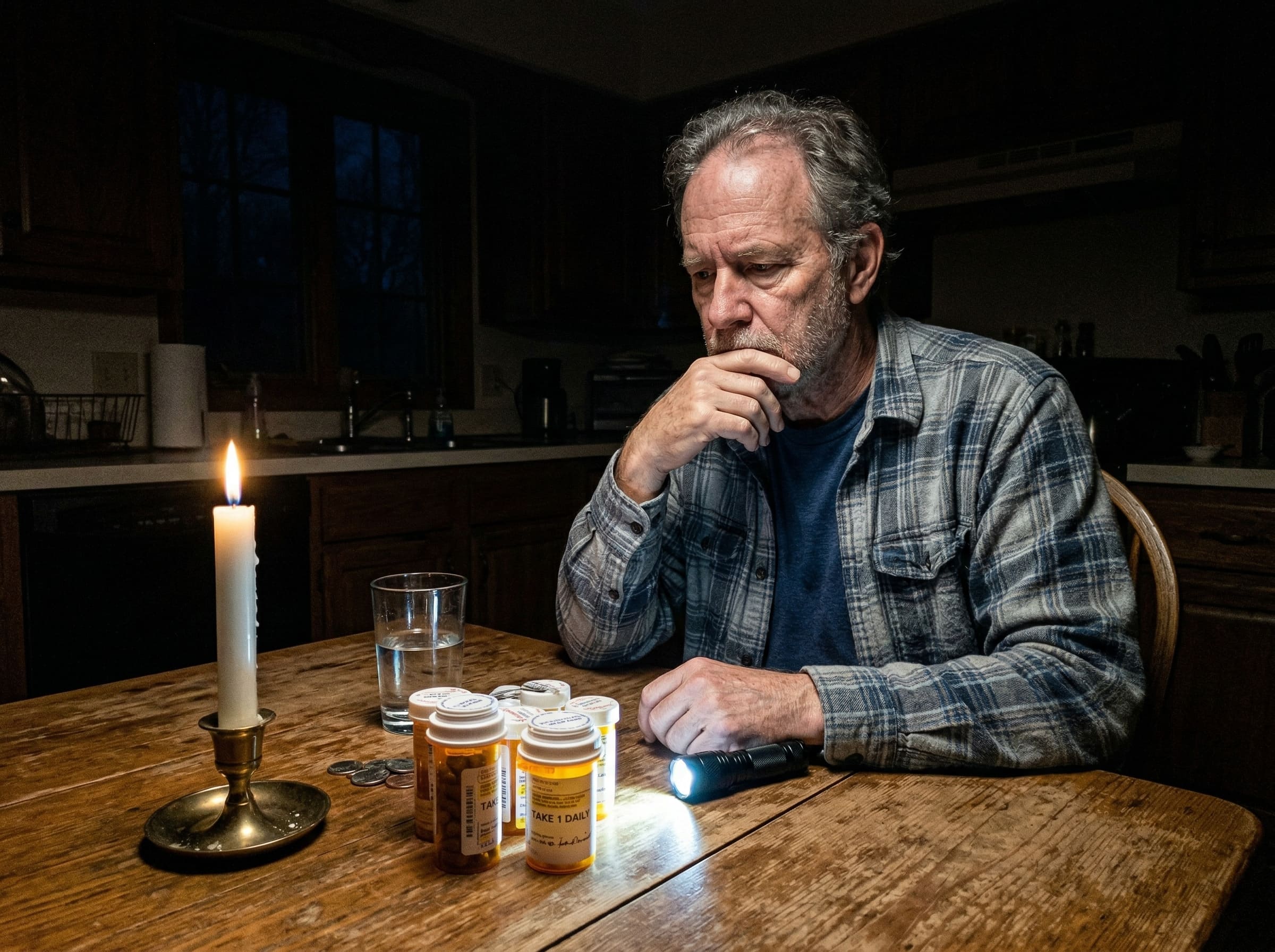 An older American man looking concerned during a power outage with a flashlight