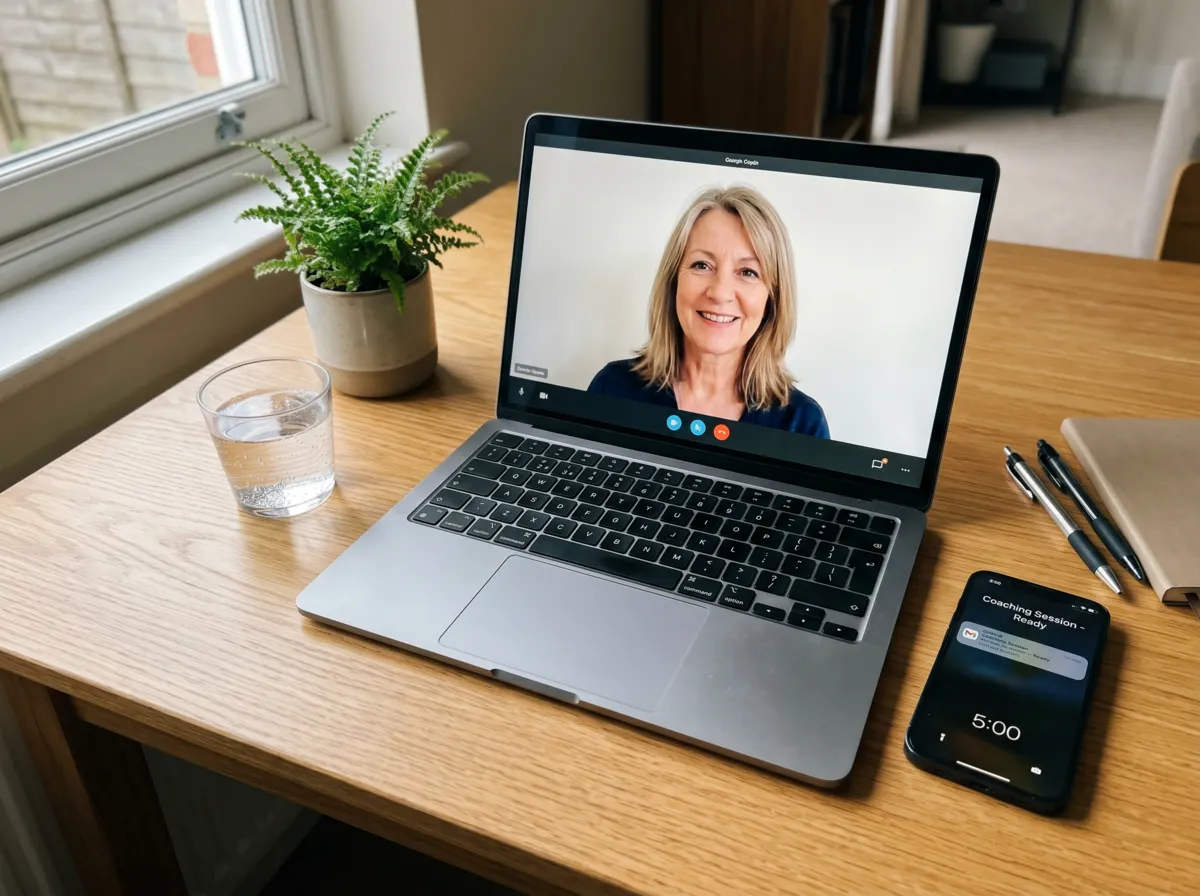 Laptop und Smartphone auf dem Schreibtisch, bereit für den Live-Call mit Roger Rankel