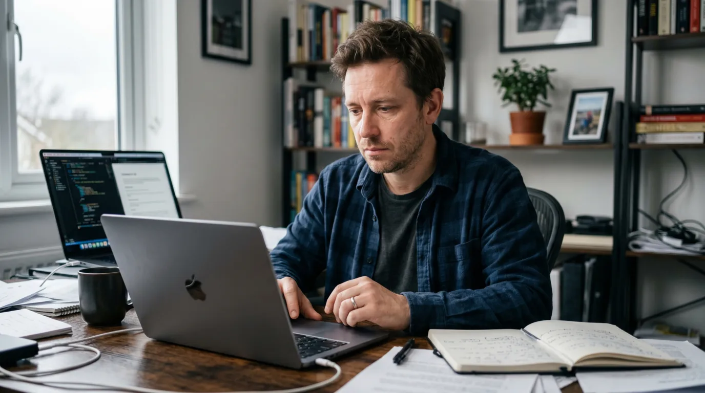 Frustrierter Selbstständiger vor dem Laptop, der Schwierigkeiten hat, als Personen Marke sichtbar zu werden