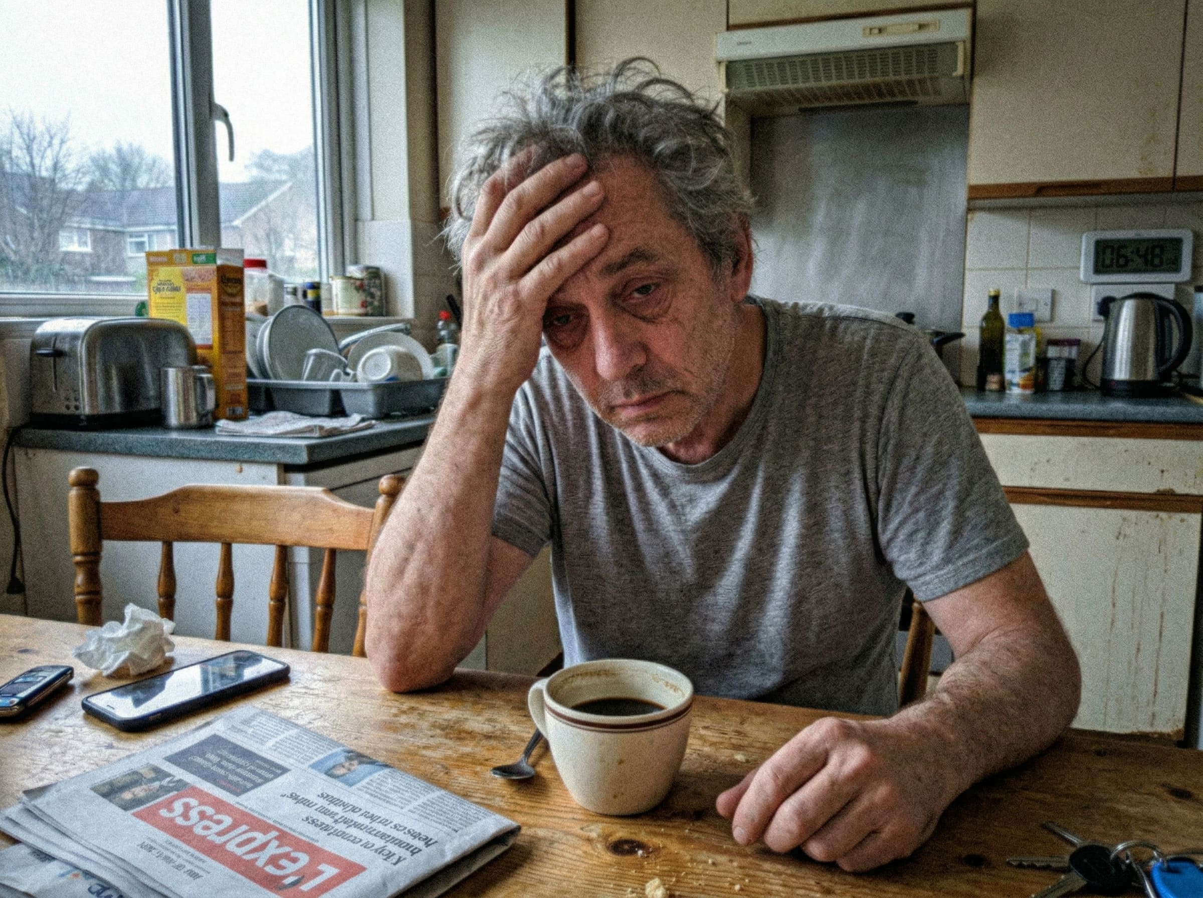 Ein müder deutscher Mann Mitte 50 sitzt morgens mit einer Tasse Kaffee in seiner Küche.