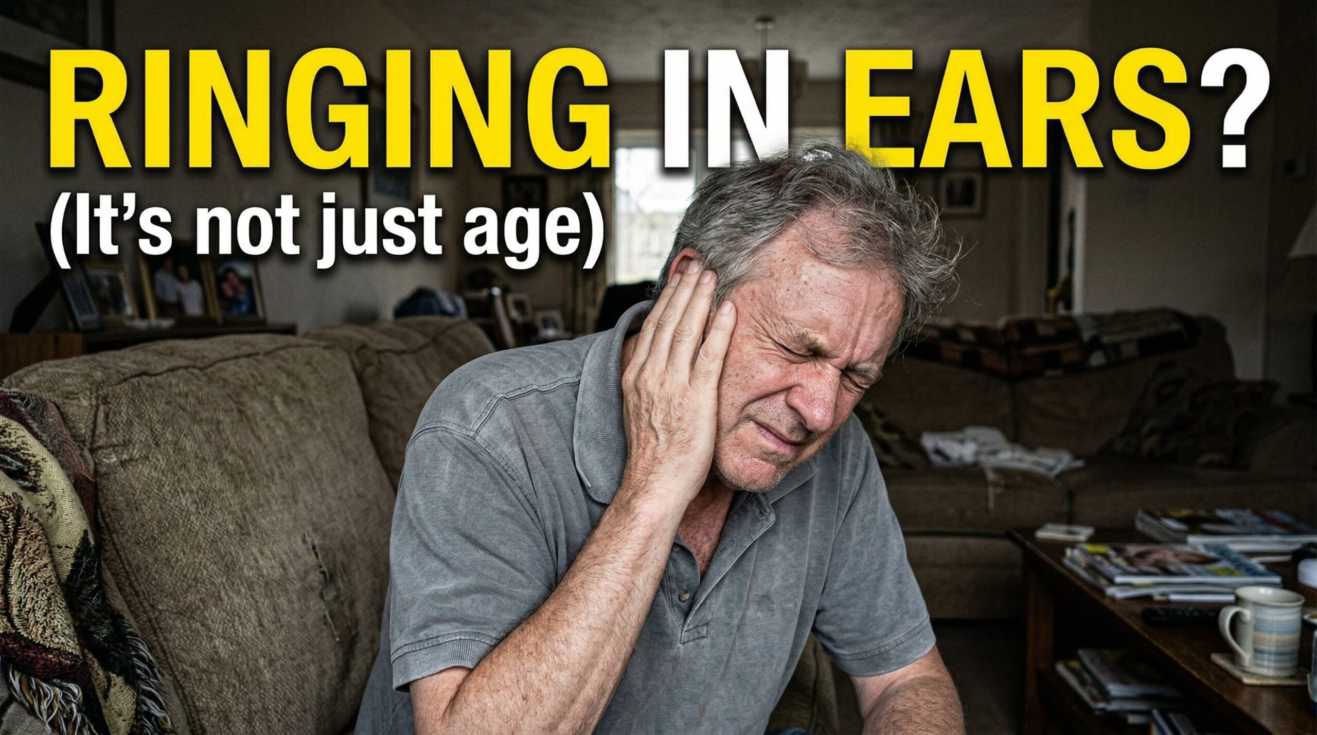 A candid grainy smartphone photo of a 62-year-old Caucasian man sitting on a sofa, winces in distress, pressing the palm of his hand against his right ear. Boring reality style.