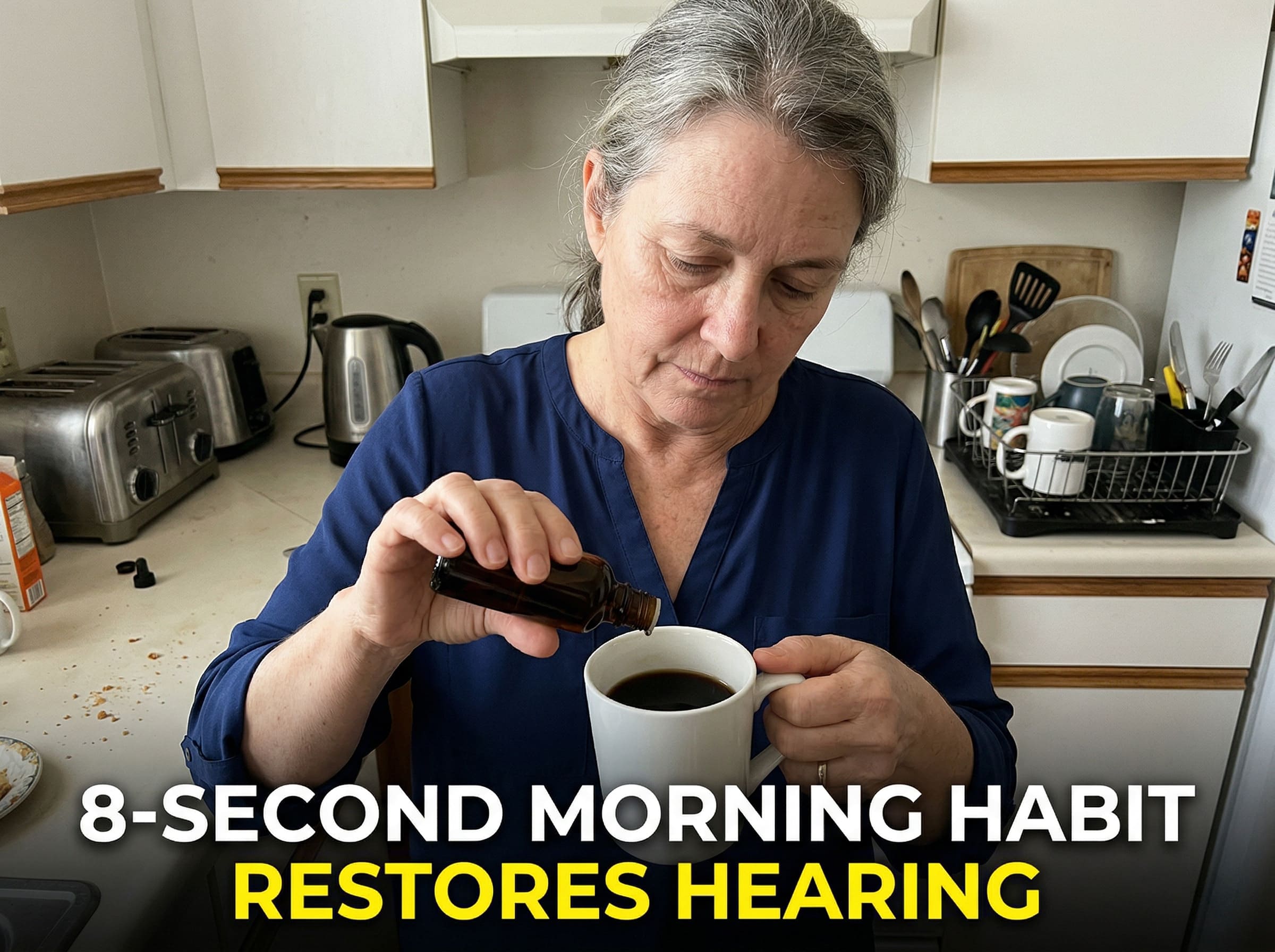 A raw candid smartphone photo in a standard cluttered home kitchen shows a realistic 58-year-old woman carefully squeezing liquid drops from a dark amber ZenCortex dropper bottle into a standard white ceramic mug filled with black coffee. A stream of drops is falling. Natural domestic lighting, grainy texture. Boring reality style.